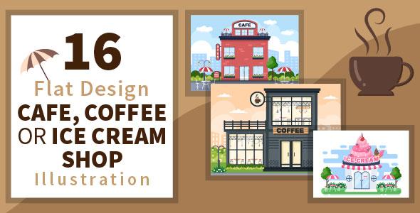 16 Coffeehouse, Cafe or Ice Cream Shop Illustration